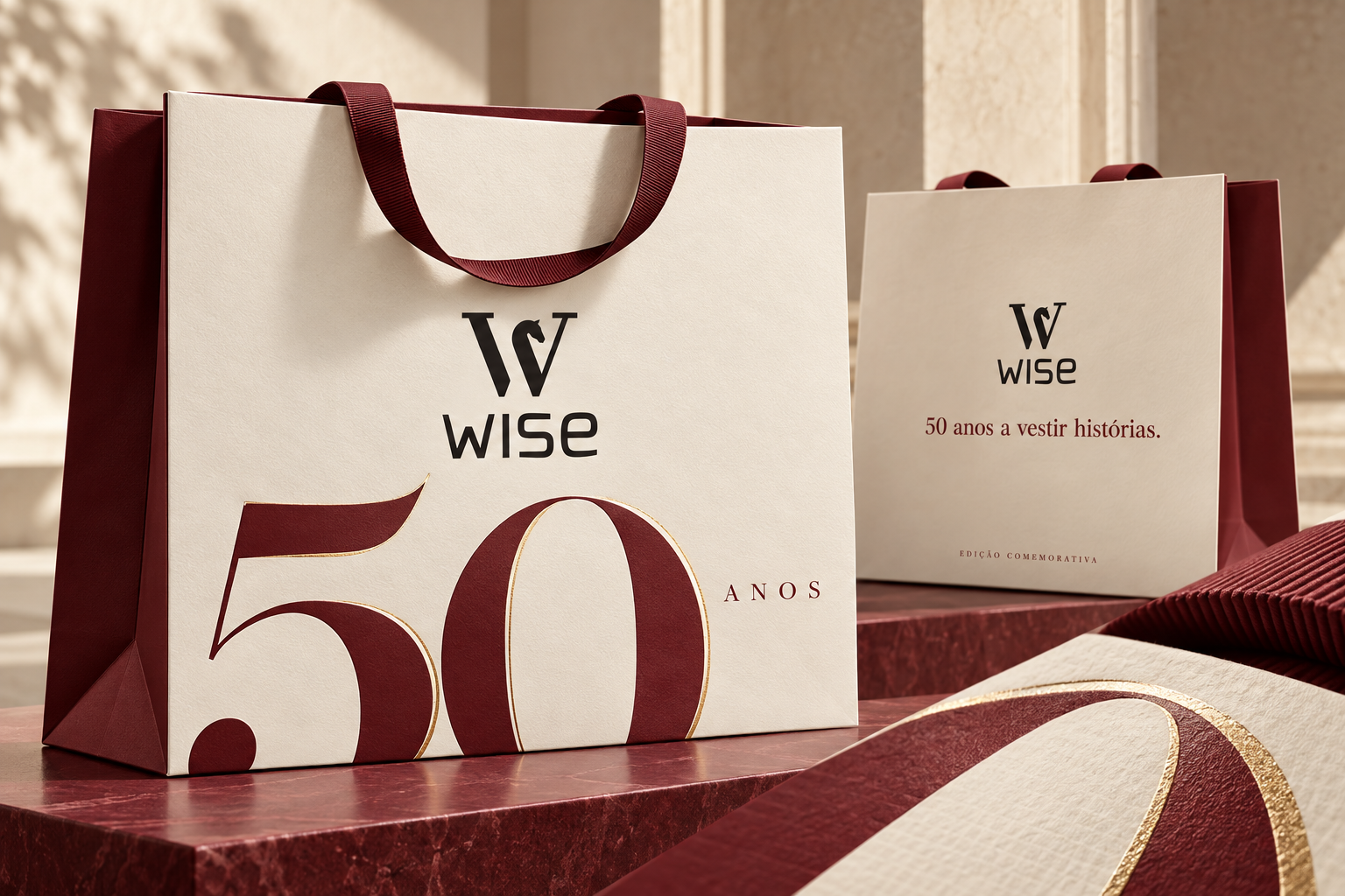 Proposta do saco WISE em marfim e bordeaux, com numeral 50 e detalhe dourado